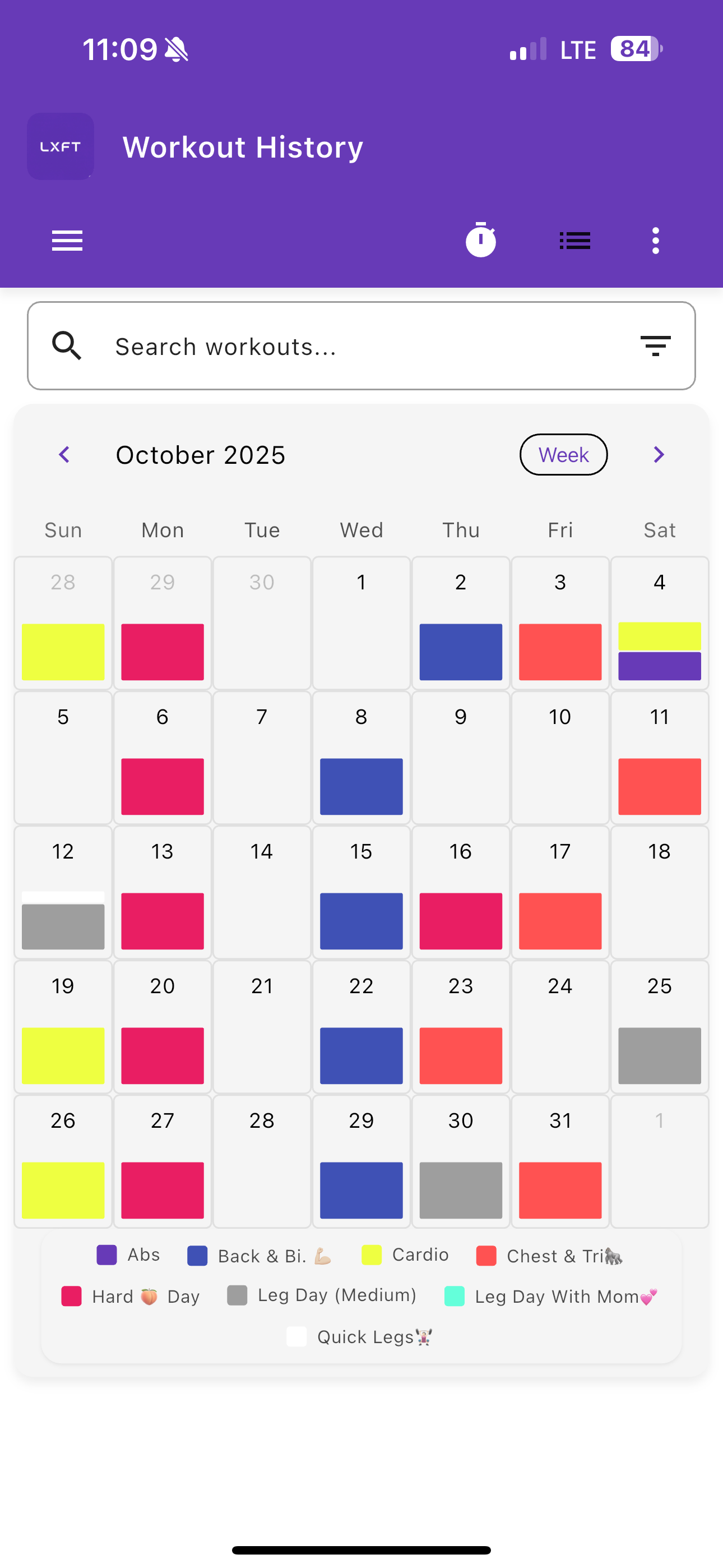 Workout History Calendar
